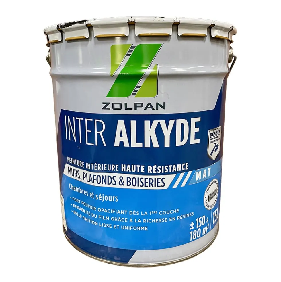 Peinture intérieure haute résistance pour murs, plafonds et boiseries ZOLPAN Inter Alkyde Mat 15L